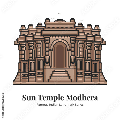 Sun Temple Modhera Indian Famous Iconic Landmark Cartoon Line Art Illustration