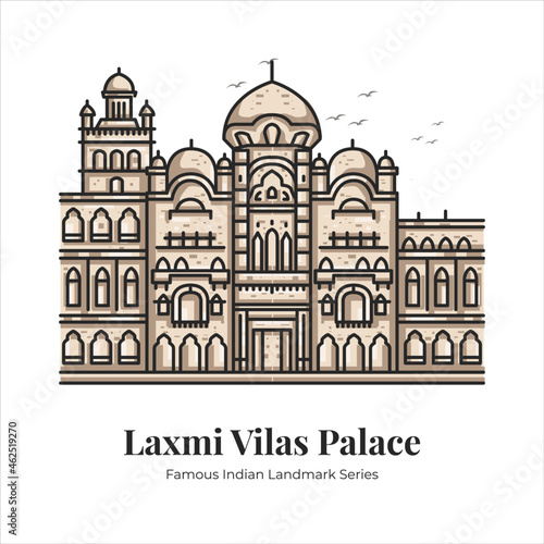 Laxmi Vilas Palace Indian Famous Iconic Landmark Cartoon Line Art Illustration