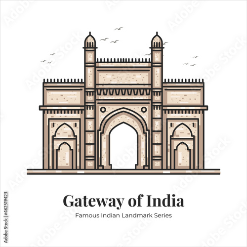 Gateway of India building Indian Famous Iconic Landmark Cartoon Line Art Illustration