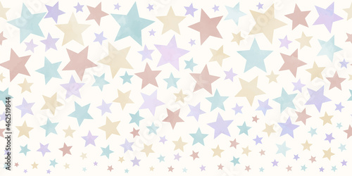 Seamless pastel vector watercolor baby background texture with multicolor stars. Pastel color fun kids backdrop for postcards, poster. Painted hand drawn Christmas illustration. Merry Christmas