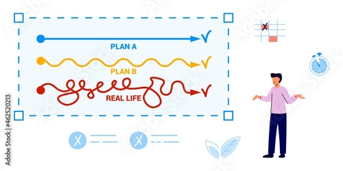 Plan concept with smooth point A and punt B Business team choosing with plan A or plan B direction Business strategy Vector flat illustration Expectation planning and reality implementation