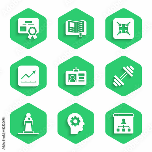 Set Identification badge, Human head with gear inside, Online education, Dumbbell, Speaker, Financial growth increase, Target and Certificate template icon. Vector