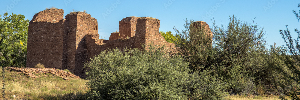 Ultrawide panorama of the historic Quarai Mission ruin in Salinas Pueblo Missions National Monument in New Mexico