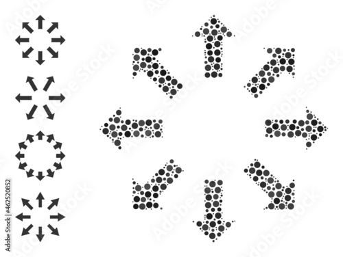 Round dot composition expand arrows. Vector collage is based on expand arrows icon, and organized of randomized spheric elements. Vector icon of expand arrows organized of randomized round points.