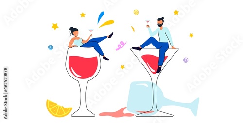 Happy holiday celebration with alcohol drinks festive mood and cheerful atmosphere Employees glad succeed Drunkard brain Vector illustration for booze problems, alcohol addiction, drunkard concept