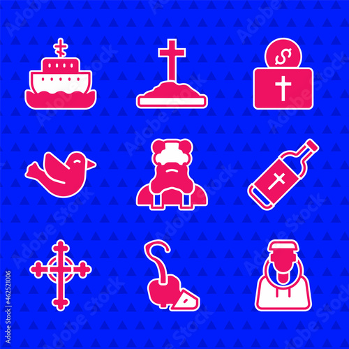 Set Priest, Magic staff, Monk, Holy water bottle, Christian cross, Dove, Donation for church and Ark of noah icon. Vector