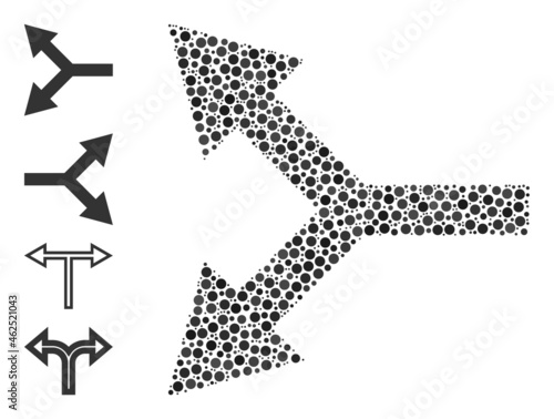 Round dot collage bifurcation arrow left. Vector mosaic is based on bifurcation arrow left icon, and done of random circle items.