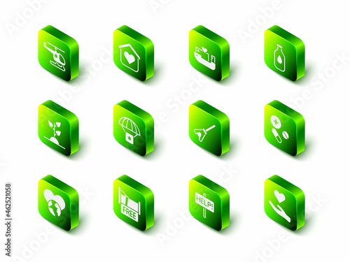 Set Shelter for homeless, Humanitarian ship, Bottle of water, Medicine pill tablet, Heart hand, Mop, Help sign and Free overnight stay house icon. Vector