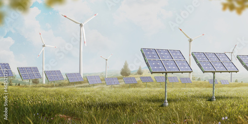 Solar panels with wind turbines against mountains landscape against blue sky with clouds