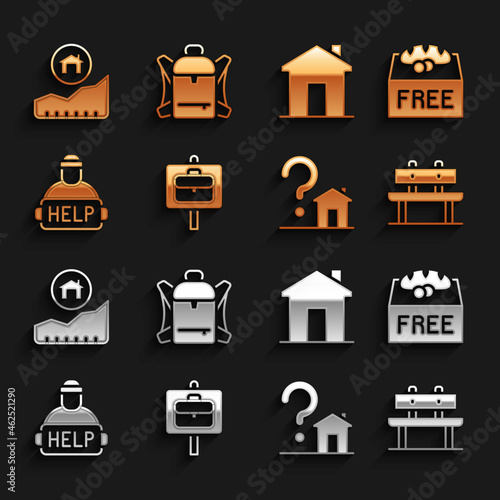 Set Work search, Donation food, Bench, House with question mark, Help homeless, Real estate, Rising cost of housing and Hiking backpack icon. Vector