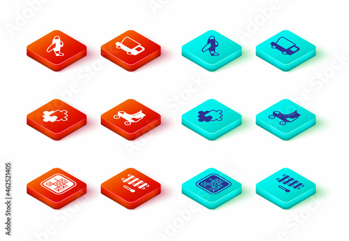 Set Tic tac toe game, Xylophone, Puzzle pieces toy, Roller skate, Toy truck and plane icon. Vector photo