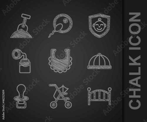 Set Baby bib, stroller, crib cradle bed, hat, dummy pacifier, Breast pump, on shield and Sandbox with sand and shovel icon. Vector