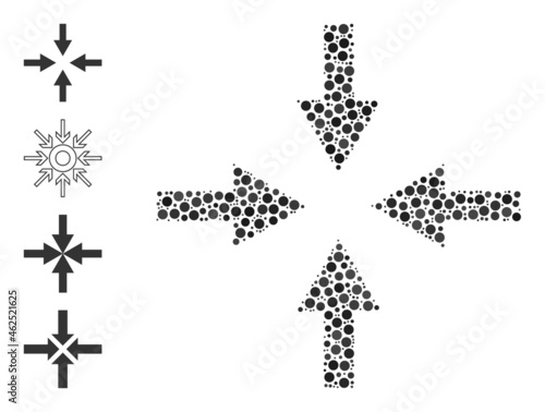 Round dot mosaic compress arrows. Vector mosaic is based on compress arrows icon, and constructed of scattered spheric dots. Vector icon of compress arrows formed of scattered spheric points.