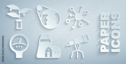 Set Power station plant, Molecule, Gauge scale, Telescope, Earth globe and Plant breeding icon. Vector