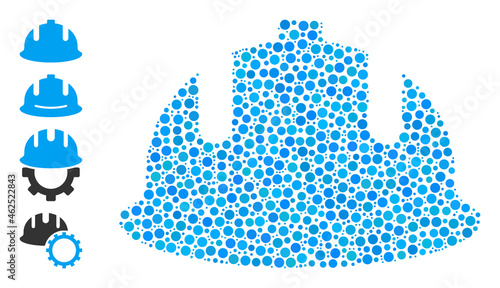 Circle mosaic construction helmet. Vector collage is based on construction helmet icon, and formed of random spheric parts. Vector icon of construction helmet formed of random spheric points.