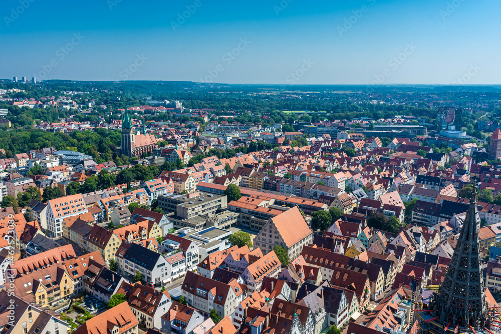 Aerial view of downtown Ulm from the cathedral, the tallest church in the world Germany