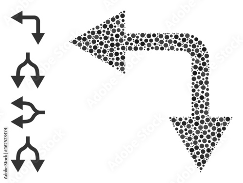 Circle composition bifurcation arrow left down. Vector collage is based on bifurcation arrow left down symbol, and constructed with random circle parts.