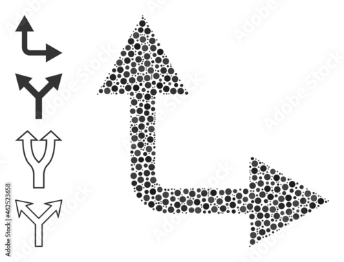 Round dot combination bifurcation arrow right up. Vector collage is based on bifurcation arrow right up symbol, and formed of randomized round dots.