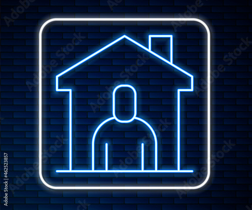 Glowing neon line Shelter for homeless icon isolated on brick wall background. Emergency housing, temporary residence for people, bums and beggars without home. Vector