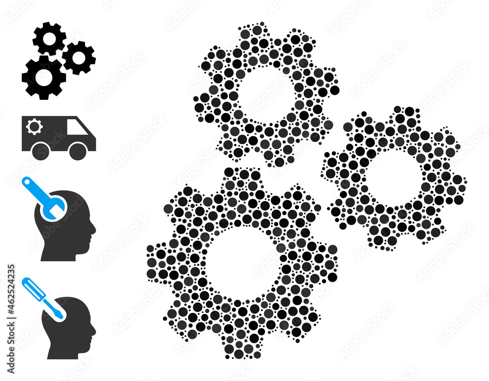 Rounded dot composition gear mechanism. Vector mosaic is based on gear mechanism icon, and created of randomized spheric elements. Rounded dot composition gear mechanism. Vector mosaic is based on gear mechanism icon, and created of randomized spheric elements.