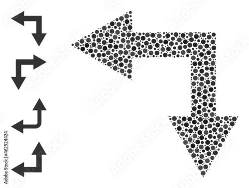 Round dot combination bifurcation arrow left down. Vector mosaic is based on bifurcation arrow left down symbol, and constructed of scattered spheric parts.
