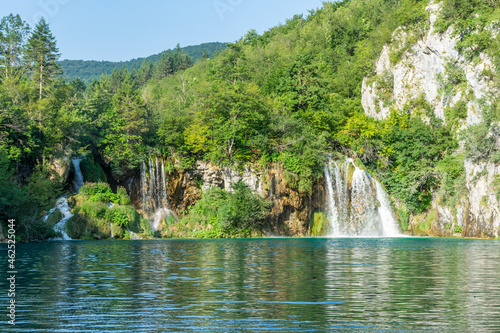 Waterfalls going into the lake  Plitvice  Croatia