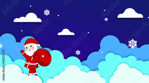 Santa.abstract pastel paper cut illustration of winter landscape with cloud.Winter mountain Christmas landscape and snowflake.Cartoon Santa Claus character,clouds.snow scene backgroun.postal card
