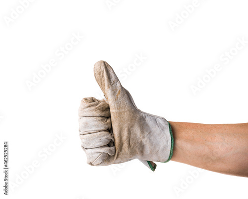 hand makes the like sign, with work glove isolated on white background