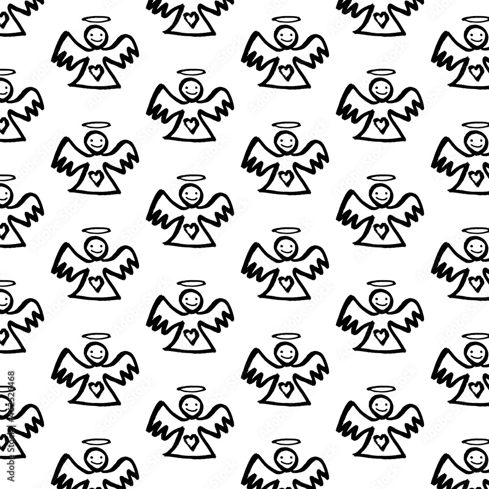 Naklejka premium Vector pattern with angels. Hand drawing, ink style. Sketch, doodle. Christmas, New Year. Winter. Black on white background