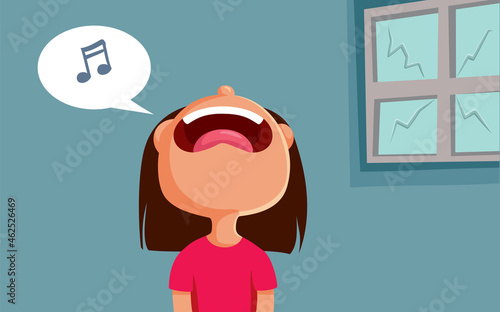 Little Girl Singing Breaking a Window Vector Cartoon