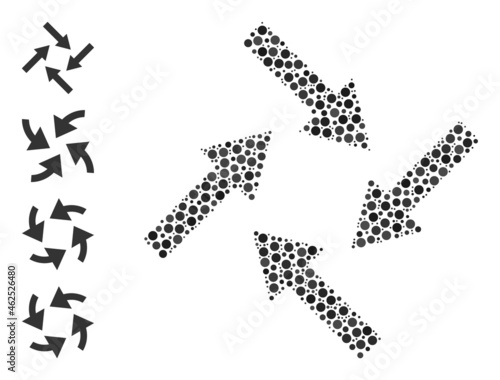 Circle collage centripetal arrows. Vector collage is based on centripetal arrows icon, and organized of randomized round items. Vector icon of centripetal arrows created of irregular circle pixels.