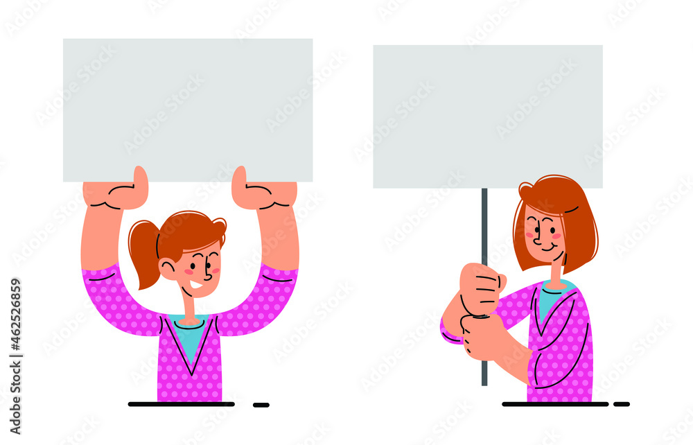 Woman holding blank banner vector illustration set Woman holding blank banner vector illustration set