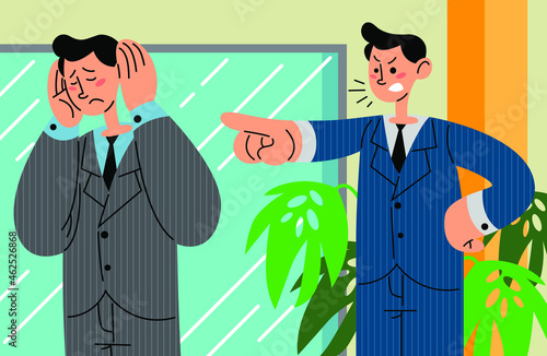 Worker bullied at office. Employee getting scolded by the boss. Victim of work vector illustration