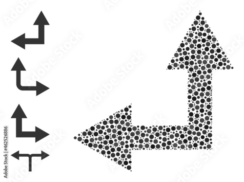 Circle collage bifurcation arrow left up. Vector mosaic is based on bifurcation arrow left up icon, and done of randomized spheric elements.