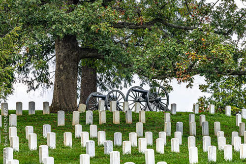 Photos Civil War cannons with grave stones and trees in the fall