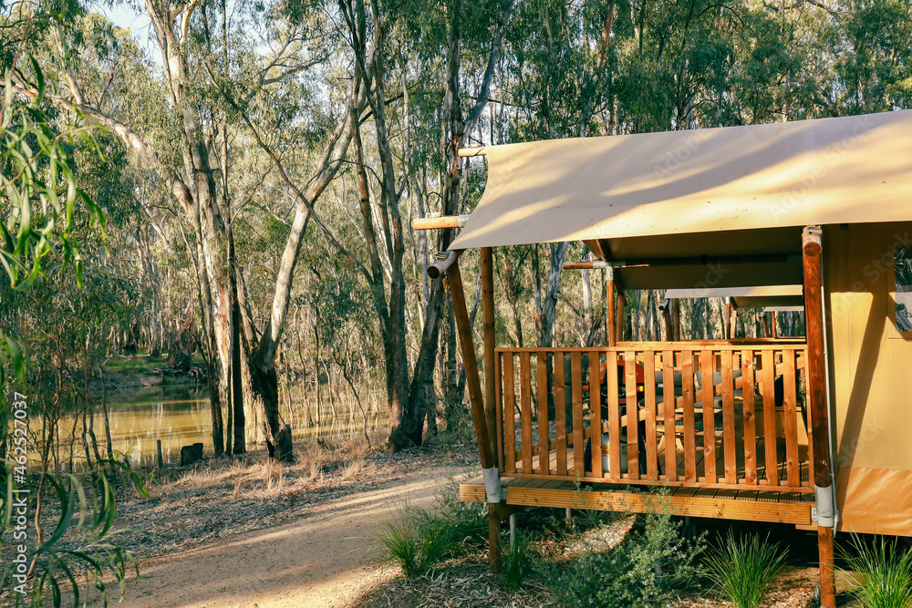 Glamping tents set up on the Gunbower Creek at Koondrook, Victoria Australia Glamping tents set up on the Gunbower Creek at Koondrook, Victoria Australia