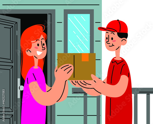 Deliveryman sending package to customer at the doorway flat vector illustration
