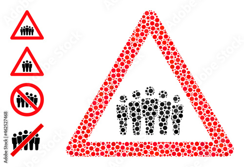 Circle collage crowd warning. Vector collage is based on crowd warning symbol, and composed of scattered spheric parts. Vector icon of crowd warning organized of scattered circle pixels.