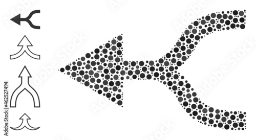 Rounded dot mosaic combine arrow left. Vector mosaic is based on combine arrow left icon, and formed of scattered spheric items. Vector icon of combine arrow left formed of random circle elements.