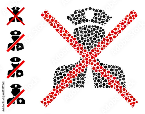 Round dot collage cancel policeman. Vector mosaic is based on cancel policeman icon, and created from scattered spheric spots. Vector icon of cancel policeman created with scattered spheric dots.