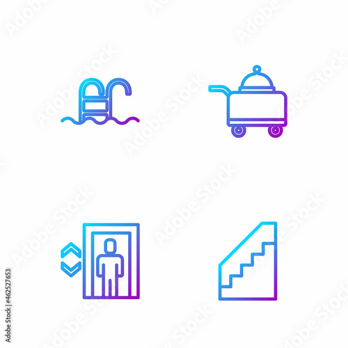 Set line Stairs, Lift, Swimming pool and Covered with tray of food. Gradient color icons. Vector