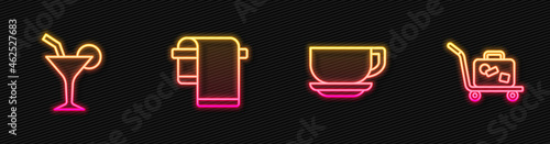 Set line Coffee cup, Cocktail, Towel on hanger and Trolley suitcase. Glowing neon icon. Vector