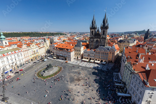 Landscape view of the old town square and the Church of our Lady Before Tyn from the Astronomical Clock in Prague.