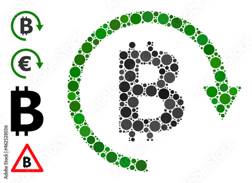 Rounded dot combination bitcoin repay. Vector mosaic is based on bitcoin repay icon, and made with scattered circle items. Vector icon of bitcoin repay composed of scattered round items.