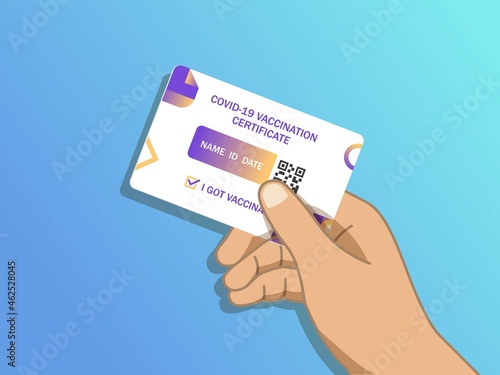 Hand Holding Vaccine Certificate Illustration. Vaccine Card or Passport Design Symbol. Indonesian Vaccination cards. Vaccinations Record Card Immunity Covid-19