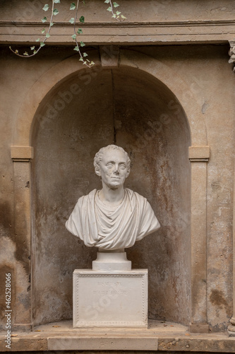 Ancient white marble sculpture head of a man in Woerlitzer Park, Dessau, Germany photo