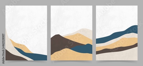Modern Abstract Landscape Poster Design with Wave Ornament. Nature Art Background textured Template. Print-able Nursery Posters with Mountain Forest Landscape. Stylish Cover Book