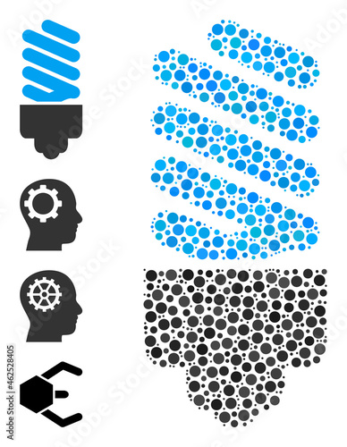 Round dot collage fluorescent bulb. Vector collage is based on fluorescent bulb symbol, and composed with randomized round dots. Vector icon of fluorescent bulb created of random round dots.