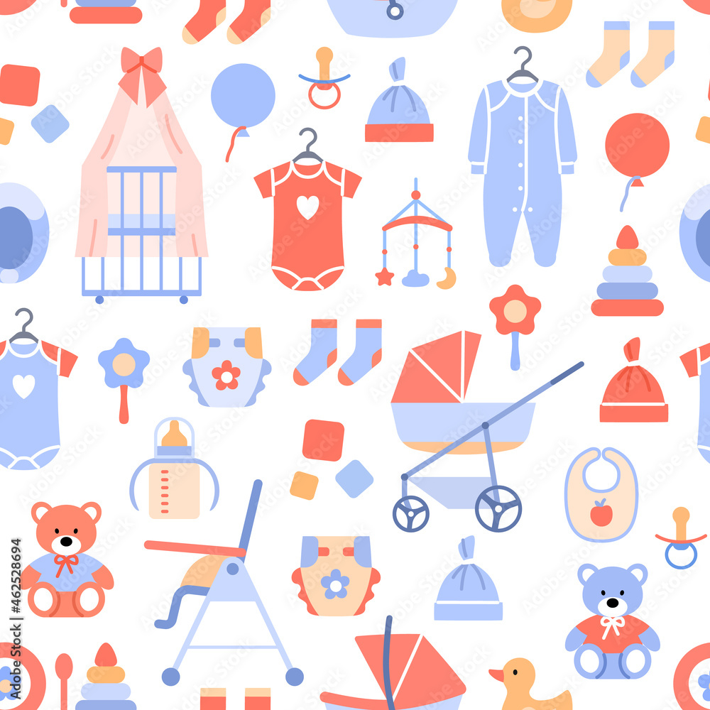 Flat baby background seamless pattern. Baby shower wrapping paper decoration. Pastel backdrop for celebration print, fabric ornament, scrapbook. Newborn textile element design vector illustration. Flat baby background seamless pattern. Baby shower wrapping paper decoration. Pastel backdrop for celebration print, fabric ornament, scrapbook. Newborn textile element design vector illustration.