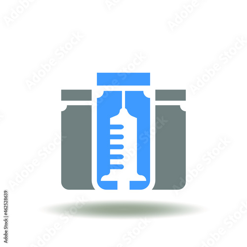 Vector illustration of antiviral vaccine bottle with syringe. Symbol of medical vial for injection from covid-19. Icon of vaccination, immunization.